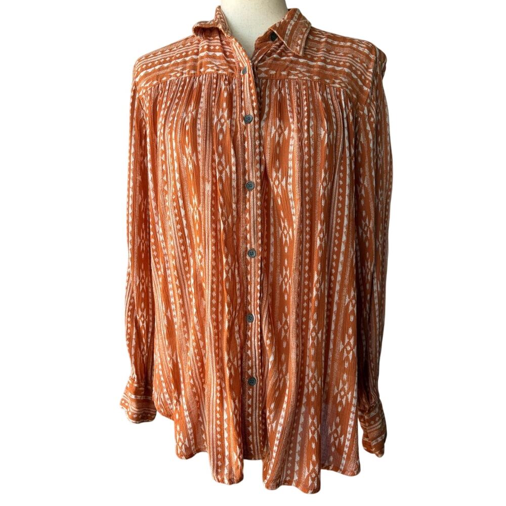 Vanilla Star Rust Orange Tribal-Print Button Front Blouse